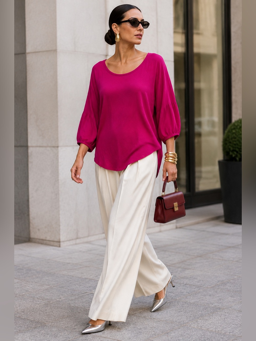 AG Adriano Goldschmied Scoop Neck Three-Quarter Puff Sleeve Top - Fuchsia